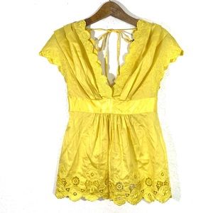Bebe Yellow Baby Doll Scalloped V Neck Top